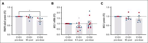 Voruciclib-induced pharmacodynamic changes in pRNAP2Ser2 and Mcl-1 in samples from patients with AML. Voruciclib dose of 100 to 150 mg (blue) or 200 mg (red). (A) Levels of pRNAP2Ser2 protein in circulating malignant cells were analyzed by flow cytometry. Data are shown as pRNAP2Ser2 mean fluorescent intensity fold change (FC; P = .042; n = 6). (B) mRNA expression of MCL1 gene in PBMCs was quantified by quantitative real-time polymerase chain reaction. Data are shown as mRNA FC (n = 10). (C) Analysis of Mcl-1 protein by flow cytometry in circulating blasts from patients with AML expressed as FC of mean fluorescent intensity (n = 6). For panels A-C, data shown are FC for samples taken at C1D1 at 6 hours after voruciclib dose and C2D1 before dose vs C1D1 before dose. ∗P ≤ .05.