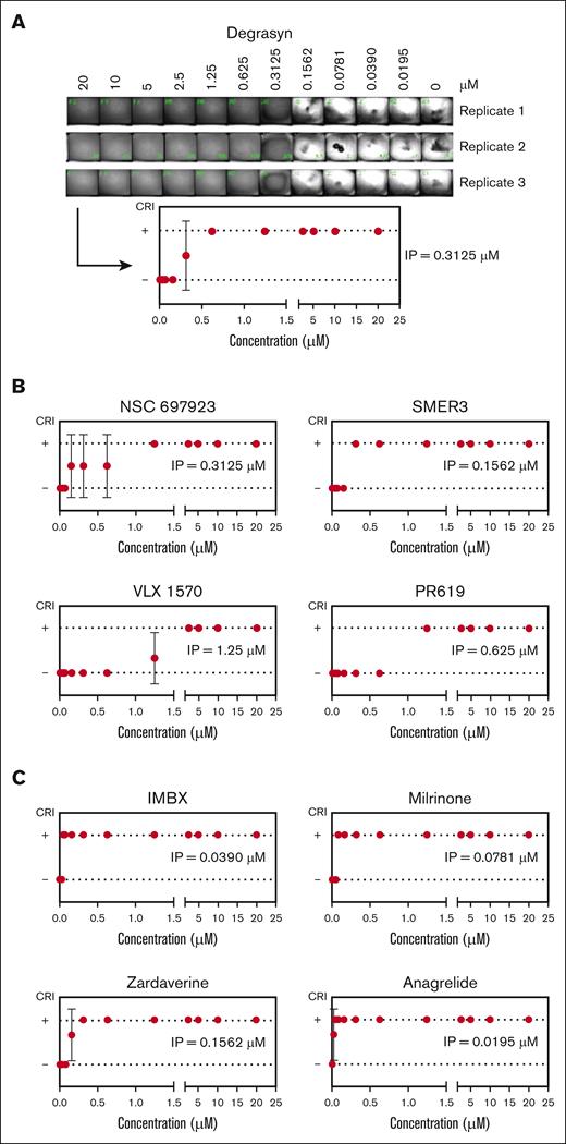 DR studies lead to the identification of the IP for each selected compound. (A) Serial dilutions of the hit compound degrasyn, at the indicated final concentrations, were added to a 384-well plate. After conducting the miniaturized CR assay in triplicate, image analysis was performed (top) and binary results used to build a DR curve (bottom). (B) DR curves of other hit compounds identified in the primary screen as inhibitors of the ubiquitin pathway, along with their IPs. (C) DR curves of some of the hit compounds identified in the primary screen as inhibitors of the PDE, along with their IPs. Data reported as mean ± SD.