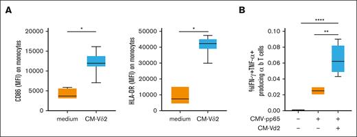 Bystander adjuvant activity of soluble factors released by PhAg-stimulated Vδ2 T-cell lines. (A) The expression of CD86 and HLA-DR on monocytes were compared between unstimulated and CM-Vδ2–treated PBMCs from pediatric, age-matched HDs (n = 10). Differences between unstimulated and CM-Vδ2–stimulated cells were evaluated by Wilcoxon paired test ∗P < .05. (B) The frequency of CMV-specific T cells was compared between unstimulated and CM-Vδ2–treated PBMCs from pediatric, age-matched HDs (n = 10). Differences between unstimulated and CM-Vδ2–treated PBMCs were evaluated by Wilcoxon paired test ∗∗∗∗P < .001; ∗∗P < .01.