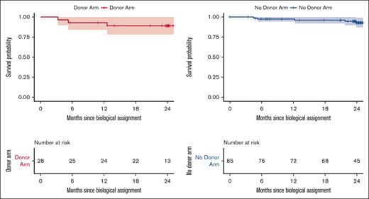 Overall survival. The probabilities of overall survival 2 years after biologic assignment for patients in the no donor and donor arms were 93% (95% CI, 87-99) and 89% (95% CI, 78-100).