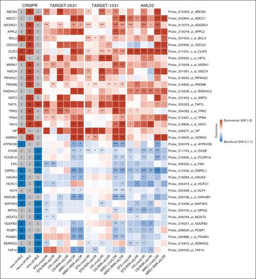Heat map results of significant CRISPR screen markers and their association analysis from 3 independent pAML cohorts. CRISPR column showed significant markers of the gene with either a R, I, or S feature for each drug’s CRISPR screen. TARGET-0531, TARGET1031, and AML02 column showed association analysis of EFS, OS, and MRD1 with (RISK.adj) and without risk adjustment (unadj). HR was estimated for EFS and OS using the Cox proportional model, and OR was calculated for MRD1 using logistic regression. Genes with OR/HR >1 were defined as detrimental, and OR/HR <1 were defined as beneficial outcomes. Resistant features and detrimental outcomes are in red; sensitive features and beneficial outcomes are in blue; and inert features are in gray. ∗P ≤ .05; ∗∗P ≤ .01; ∗∗∗P ≤ .001. I, inert; R, resistant; S, sensitive.