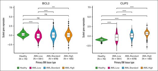 BCL2 and CLIP2 expression in pediatric healthy vs pAML bone marrow. Diagnostic gene expression of healthy and pAML from the whole TARGET data set was evaluated, regardless of treatment protocols. All patients with AML were subdivided into low, standard, and high-risk groups. The Wilcoxon test was used to compare each AML risk group with healthy individuals, and logistic regression with the risk additive model was used to estimate the OR of gene expression, which increases with risk. BM, bone marrow; ns, not significant.