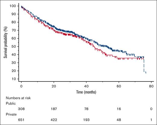 Overall survival. OS among patients from public (red, solid line) and private (blue, dashed line) centers (tick marks represent censoring times).