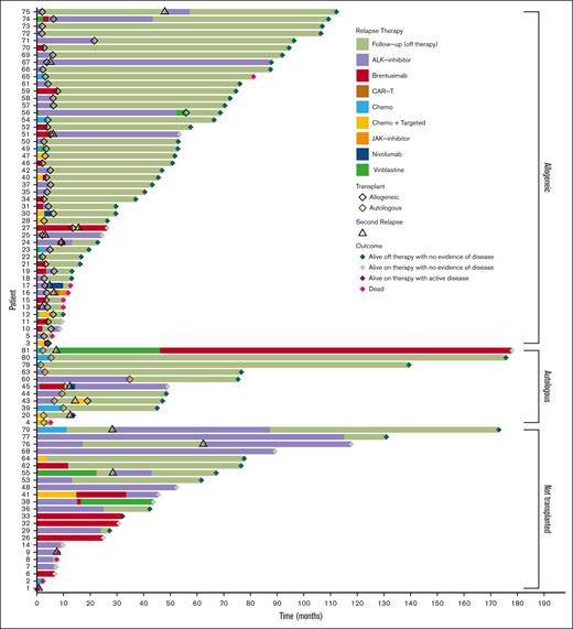Swimmers plot for patients with R/R ALK-positive ALCL.