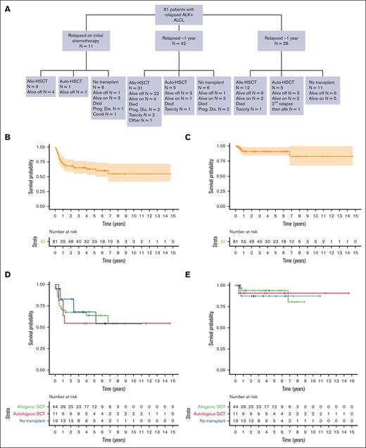 Patient outcomes for overall cohort and based on use of transplant. (A) Patient treatment and outcomes based on time of relapse and use of transplant. (B) EFS and (C) OS from time of relapse for total cohort. (D) EFS and (E) OS from time of relapse for patients who achieved a CR at any time during relapse therapy based on use of allo-HSCT, auto-HSCT, or no transplant.