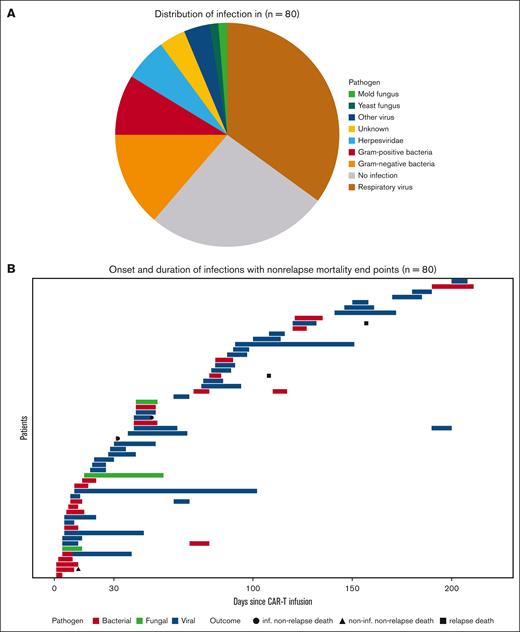Distribution and sequence of infections. (A) Pie chart showing the distribution of infections in treated patients (N = 80). (B) Swimmer plot showing onset, subtype, and duration of infections with nonrelapse mortality and relapse mortality as end points (N = 80).