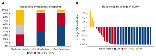 Treatment responses. (A) Responses by treatment time points. (B) Responses by change in TMTV. SD, stable disease.