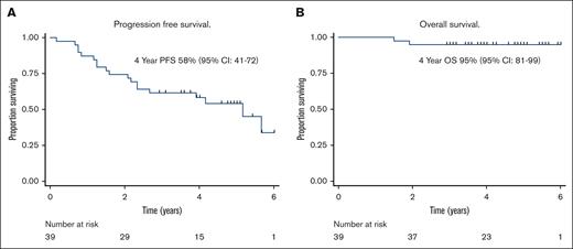 Survival outcomes for the 1st FLOR trial. (A) PFS. (B) OS.