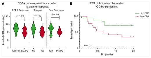 CD8 T cells are predictive of response. (A) CD8A gene expression according to patient response. (B) PFS dichotomized by median CD8A expression. SD, stable disease.