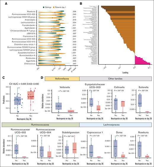 Relative abundances of specific genera at time of ALL diagnosis deviate from healthy siblings and determine risk of neutropenia after induction treatment. (A) Bacterial genera with a prevalence >25% and a significant difference (P < .05) in relative abundance between patient samples on day 1 and healthy siblings. (B) sPLS regression for the relative abundance of bacterial genera (prevalence >25%) on day 1 and prolonged neutropenia (n = 12/32). Bacteria are sorted from top to bottom based on their sPLS model loading (lower to higher). The brown and red bars indicate negative and positive loadings, respectively. The genera marked with darker brown and ∗∗ are shown in panel C. (C) The median (range) of AUC from 5-time repeated 10-fold cross-validation of the sPLS model. Box plots represent class predictions for the median cross-validation model. Boxes show the median level with the 25th and 75th percentiles and whiskers represent the range. (D) Relative abundance on day 1 of the 10 genera that turned out with significant difference in relative abundance between the groups (P < .05). Boxes show the median level with the 25th and 75th percentiles; whiskers and outliers represent the 5th and 95th percentiles and range, respectively. P values (A, D) correspond to Wilcoxon rank-sum tests without correction for multiple tests. ∗ represents FDR-corrected P values. CV, cross-validation.