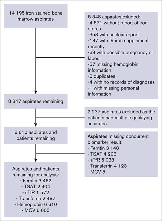 Flowchart of the reports of the bone marrow aspirates. The samples were from the Helsinki University Hospital between 2009 and 2020, and the number of aspirates remaining in statistical analysis of ferritin, TSAT, sTfR, transferrin, hemoglobin, and MCV.