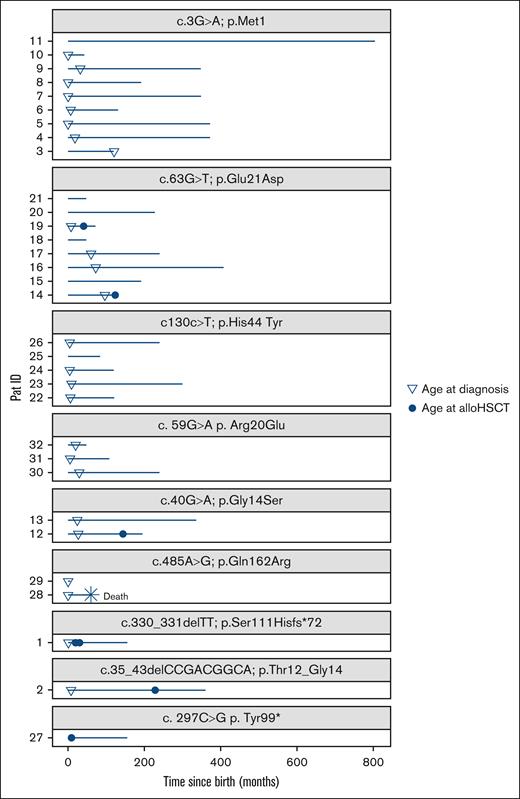 Follow-up. The plot shows the follow-up of the study cohort sorted according to the genetic variants. The y-axis displays patient IDs, and the x-axis displays the time since birth in months. At the last follow-up (median, 192 months; range, 6-804), 31 patients were alive. One patient died at age 5 years due to pancolitis with sepsis. Six patients received alloHSCT. No alloHSCT-related mortality was reported (median follow-up after alloHSCT, 91.5 months; range, 9-147). Pat, patient.