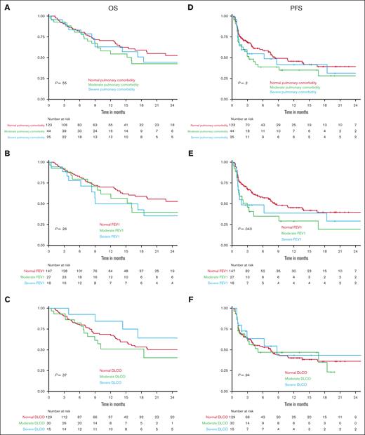 KM curves for survival description by PFTs. The vertical axis represents survival probability. (A) OS KM curves by pulmonary comorbidity. (B) OS KM curves by FEV1. (C) OS KM curves by DLCO. (D) PFS KM curves by pulmonary comorbidity. (E) PFS KM curves by FEV1. (F) PFS KM curves by DLCO.