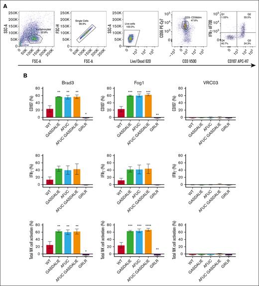 Fc modification augments NK-cell activation. (A) Gating strategy for the evaluation of NK-cell activation. RhDpos RBCs were incubated with mAbs. NK cells obtained from 3 to 4 healthy donors were added to opsonized RBCs in the presence of brefeldin A and GolgiStop, anti-CD107a (APC H7), anti-CD3 (V500), anti-CD56 (PE-Cy7), and anti- IFN-γ (AF700). Activation was measured by evaluating intracellular IFN-γ production and/or the CD107a degranulation marker expression in NK cells (CD3– CD56dim). (B) The bar graphs show percentage of CD107+ cells, IFNγ+, or total activated NK cells. C107+ cells are represented by the combined populations of Q2 and Q3, IFNγ+ cells by Q1 and Q2, and total activated NK cells by Q1, Q2, and Q3 combined. Data are the average of 3 replicates, and error bars denote SEM. Total NK-cell activation was calculated with subtraction of “no-Ab” control background. Data show the average of 3 replicates, and error bars denote SEM. Statistical analyses were conducted using 1-way ANOVA, followed by Dunnett multiple comparison test (GraphPad Prism v9). ∗P < .05; ∗∗P < .01; ∗∗∗P < .001; ∗∗∗∗P < .0001. Data are the average of 3 replicates, and error bars denote SEM. FSC-A: Forward scatter area; Q: Quarter; SSC-A: Side scatter area.