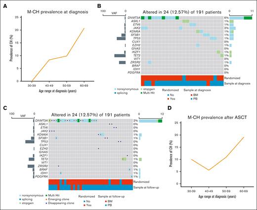 Prevalence and mutational profile of M-CH clones in MCL patients at diagnosis and after ASCT. Comparison of M-CH prevalence stratified by age group and M-CH mutation types in MCL patients at diagnosis (A-B) and after ASCT (C-D).