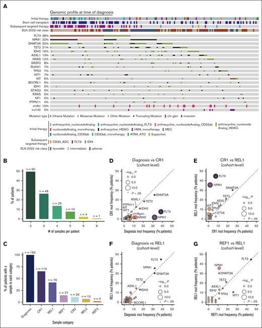 Charting the genomic evolution of de novo AML at diagnosis, remission, and REL. (A) Frequently mutated genes and karyotype aberrations at time of diagnosis in the Penn AML cohort (total n = 182 patients). Patients are annotated by the treatments received throughout the course of the disease and by ELN 2022 risk classifications. (B) Distribution of the number of serial genomic profiles obtained for each patient, expressed as a percentage of the total cohort. All patients included in the cohort underwent genomic profiling at least twice, with more than half having ≥3 matched genomic samples. The number of patients in each category is annotated above. (C) Distribution of the number of patients with a genomic profile at each stage of AML disease progression, expressed as a percentage of the total cohort. The number of patients represented in each category is annotated above. (D-G) Comparison of cohort-level mutation (mut) frequencies across different disease time points; (D) diagnosis (n = 182) vs CR1 (n = 119); (E) CR1 vs REL1 (n = 76); (F) diagnosis vs REL1; and (G) REF1 (n = 27) vs REL1. Mut frequencies are calculated from all samples at each time point, irrespective of patient-level sample matching. Point sizes are scaled by statistical significance (Fisher's 2-sided exact test) and colored based on mut frequency. Asterisks indicate P < .05. Dashed lines denote equality between disease stages. ATO, arsenic trioxide; ATRA, all-trans retinoic acid; chr, chromosome; ELN, European LeukemiaNet; HDACi, histone deacetylase inhibitor; HMA, hypomethylating agent; IDHi, IDH inhibitor; MEC, mitoxantrone etoposide and cytarabine.