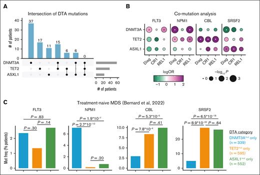 Early muts in DNMT3A, TET2, and ASXL1 differentially shape the subsequent evolution of AML from diagnosis (diag) through REL. (A) Upset plot indicating the number of patients at diag (n = 182) with muts in DNMT3A, TET2, and ASXL1. The number of patients per group is indicated above each bar. (B) Co-mut analysis of FLT3, NPM1, CBL, and SRSF2 in relation to DNMT3A, TET2, or ASXL1 across the entire cohort. Dots are color-coded by logORs and size-scaled by statistical significance (Fisher's 2-sided exact test). Asterisks denote P < .05. (C) Bar plot detailing the frequency of FLT3, NPM1, CBL, or SRSF2 muts in a cohort of patients with untreated MDS,41 stratified by DNMT3A, TET2, and ASXL1 mut status. Statistical significance was assessed by Fisher's 2-sided exact test. mut freq, mutation frequency; OR, odds ratio.