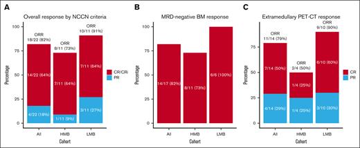 Best response rates after JCAR021 CD19 CAR T-cell therapy. (A) Overall response by NCCN criteria. (B) MRD-negative BM response by MFC in patients with measurable BM disease before LD. (C) EM PET-CT response by NCCN imaging criteria in patients with FDG-avid measurable EMD before LD. ORR, overall response rate; PR, partial response.
