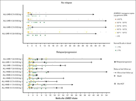 Clinical course relative to in vivo CAR T-cell persistence and B-cell recovery in CR/CRi patients after JCAR021 data from 14 patients in CR/CRi after JCAR021 treatment. Black horizontal bars, follow-up duration. Due to severe leukocytosis, patient ALL-HMB-3 had ≤1% B cells in a CD45+ leukocyte gate at the time of relapse, but a B-cell count of 94/μL, indicating B-cell recovery had occurred.