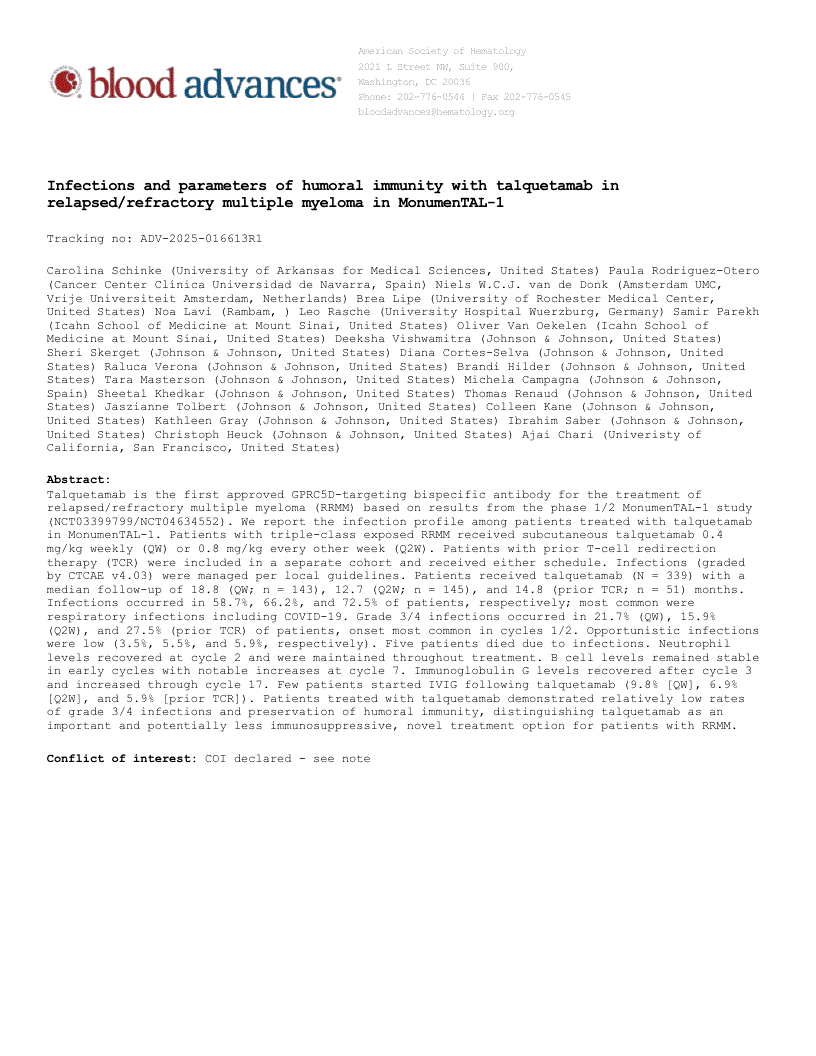 First page of Infections and parameters of humoral immunity with talquetamab in relapsed/refractory multiple myeloma in MonumenTAL-1