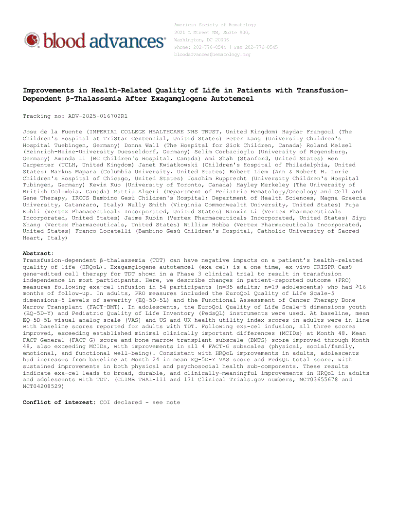 First page of Improvements in Health-Related Quality of Life in Patients with Transfusion-Dependent β-Thalassemia After Exagamglogene Autotemcel