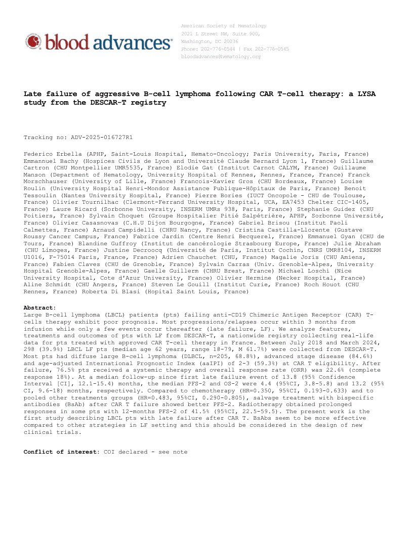 First page of Late failure of aggressive B-cell lymphoma following CAR T-cell therapy: a LYSA study from the DESCAR-T registry