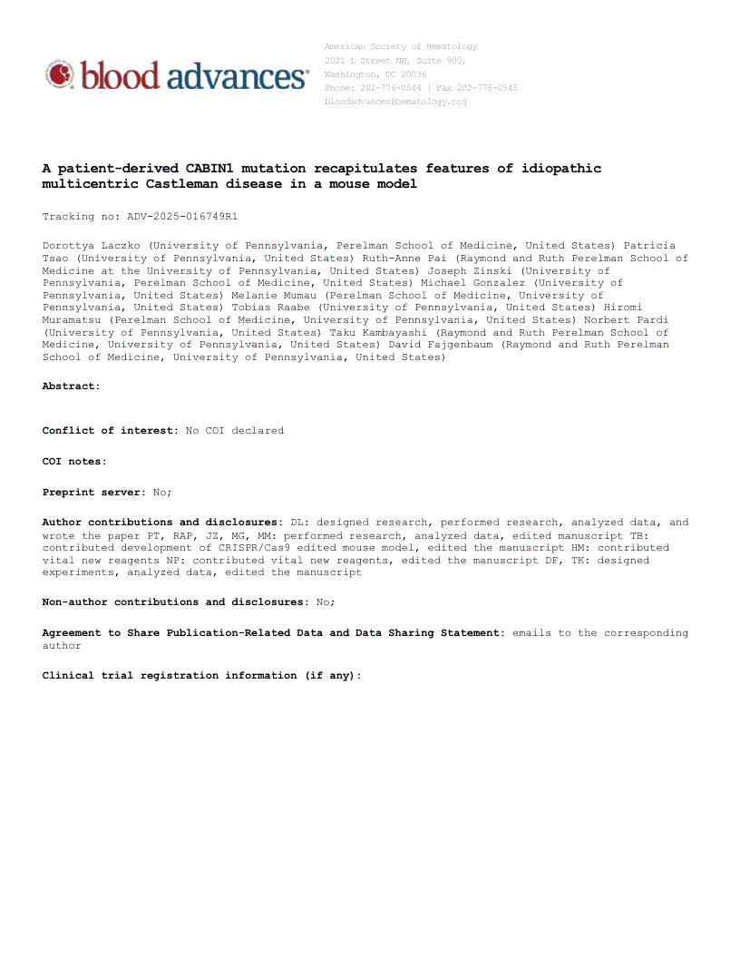 First page of A patient-derived CABIN1 mutation recapitulates features of idiopathic multicentric Castleman disease in a mouse model