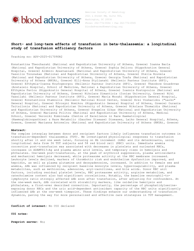First page of Short- and long-term effects of transfusion in beta-thalassemia: a longitudinal study of transfusion efficiency factors