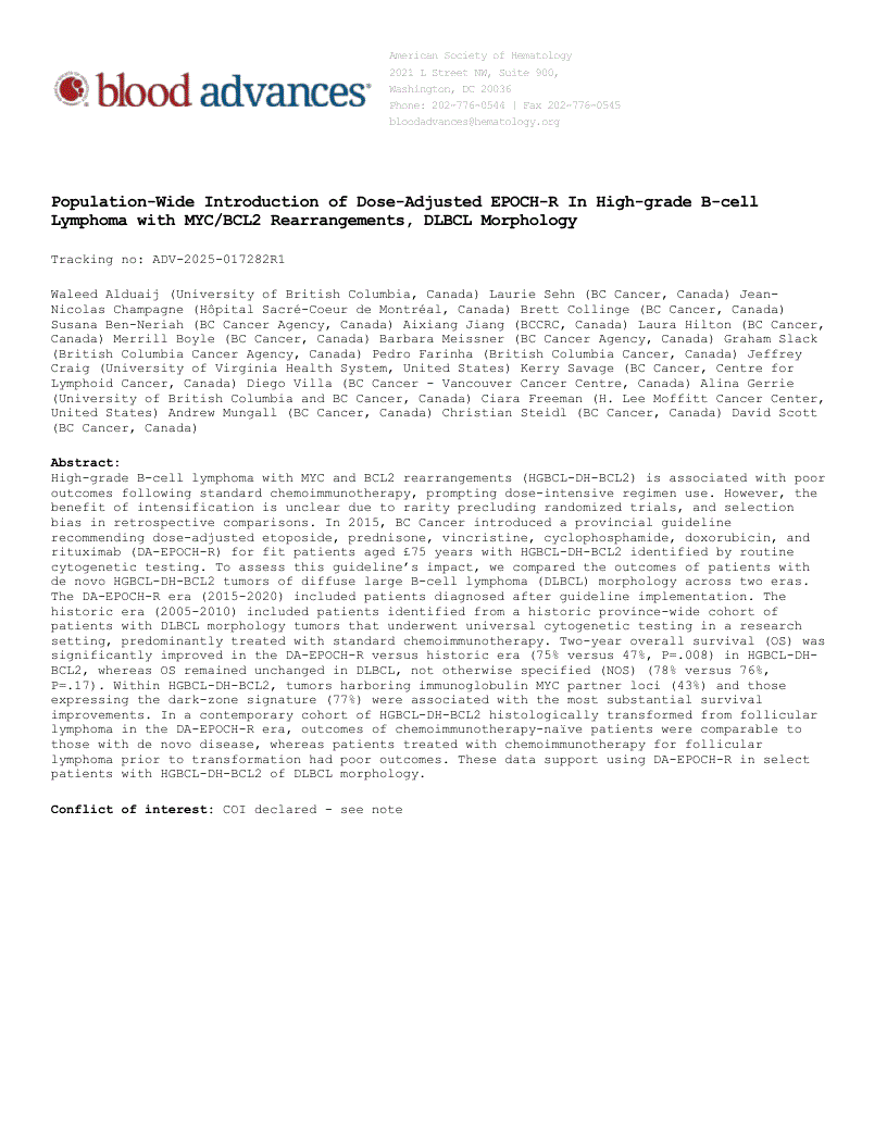 First page of Population-Wide Introduction of Dose-Adjusted EPOCH-R In High-grade B-cell Lymphoma with MYC/BCL2 Rearrangements, DLBCL Morphology