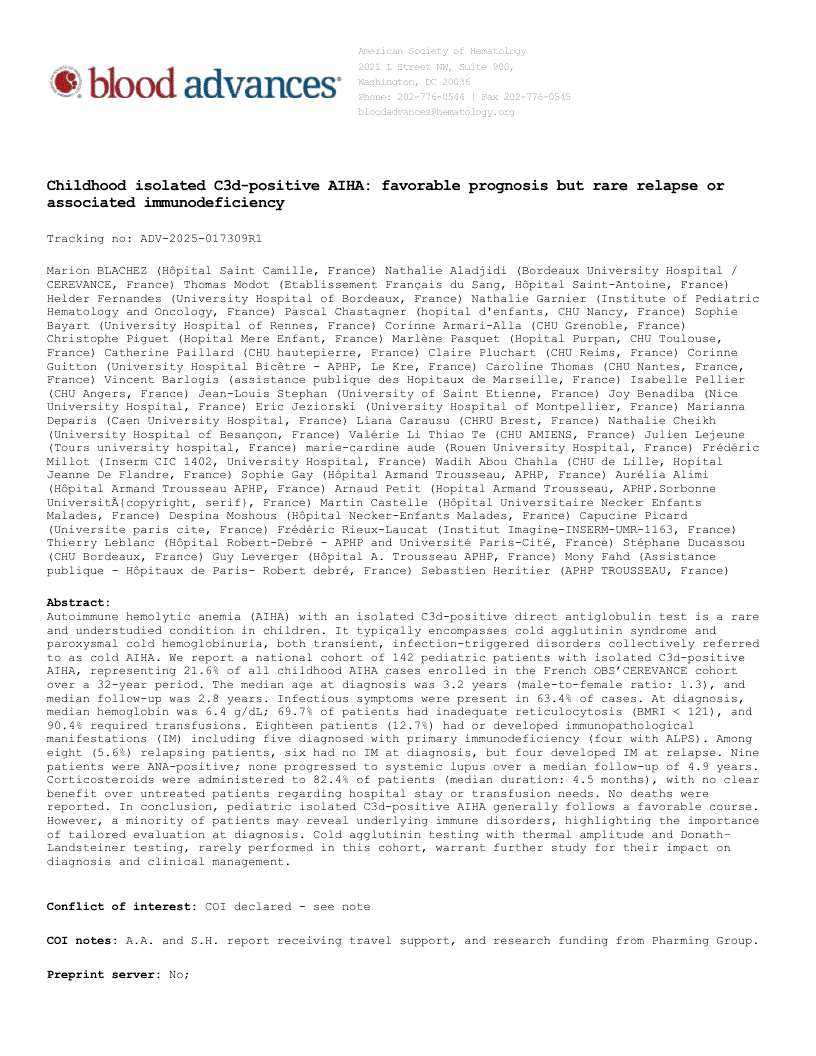 First page of Childhood isolated C3d-positive AIHA: favorable prognosis but rare relapse or associated immunodeficiency