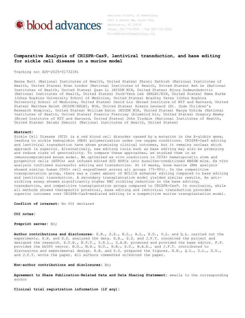 First page of Comparative Analysis of CRISPR-Cas9, lentiviral transduction, and base editing for sickle cell disease in a murine model