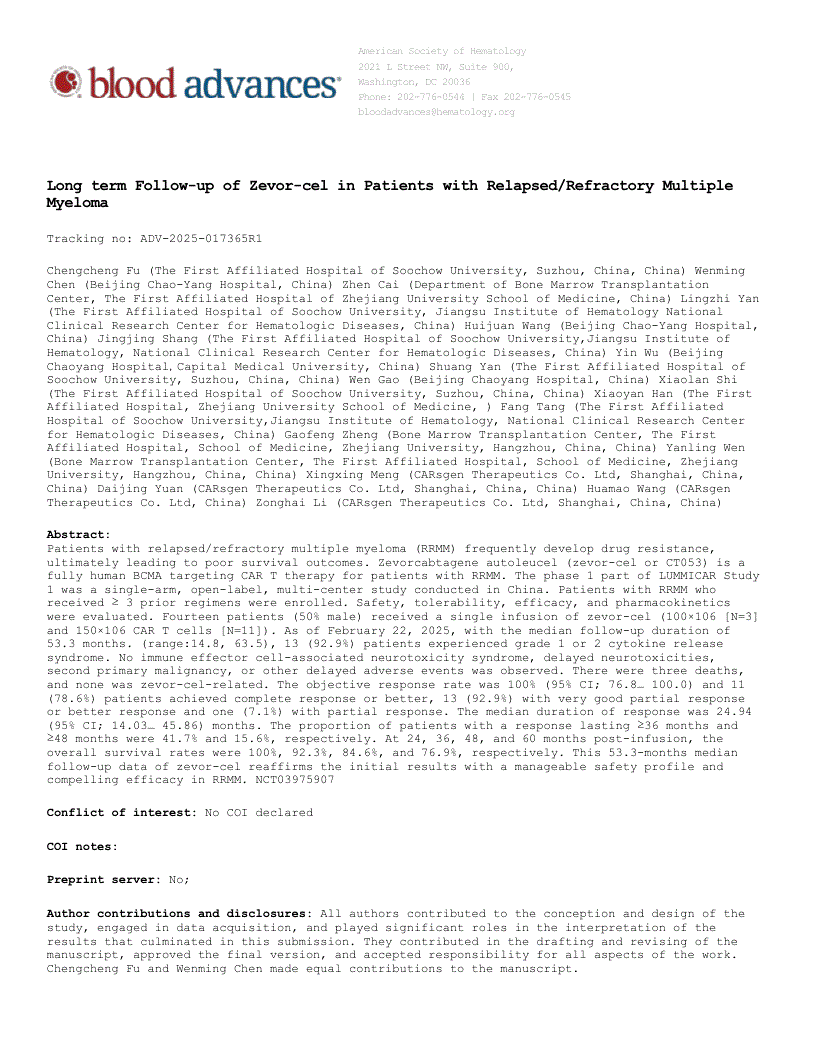 First page of Long term Follow-up of Zevor-cel in Patients with Relapsed/Refractory Multiple Myeloma