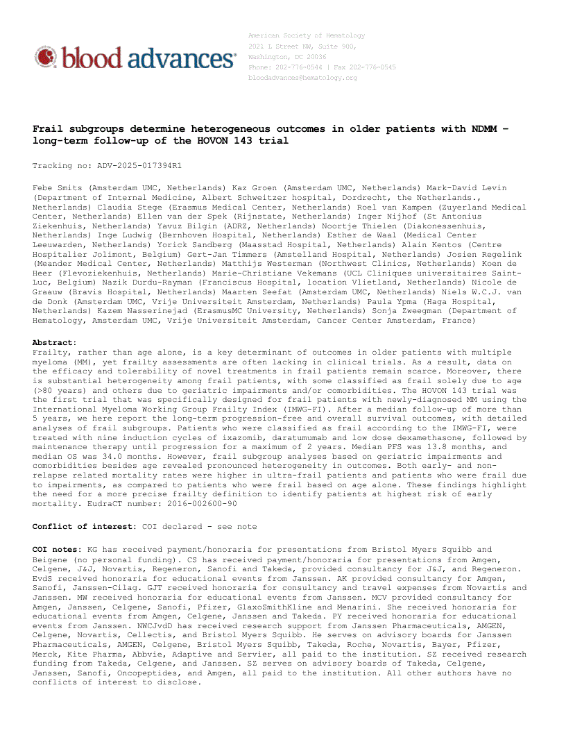 First page of Frail subgroups determine heterogeneous outcomes in older patients with NDMM - long-term follow-up of the HOVON 143 trial