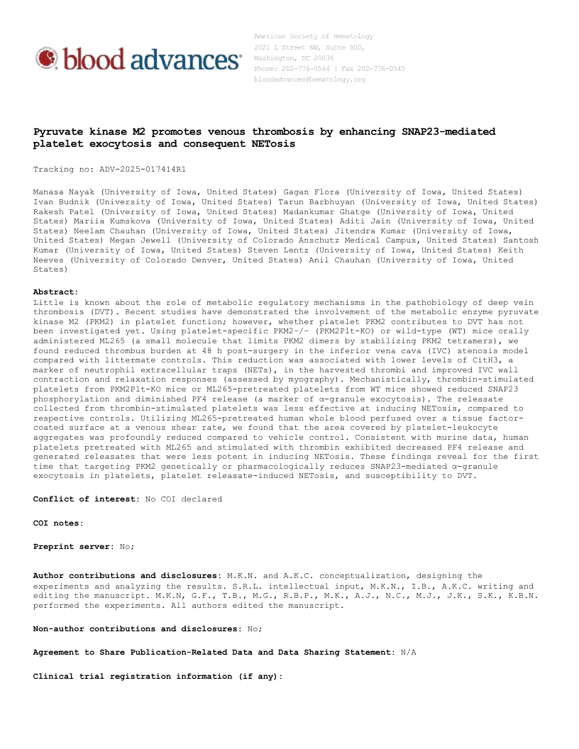 First page of Pyruvate kinase M2 promotes venous thrombosis by enhancing SNAP23-mediated platelet exocytosis and consequent NETosis