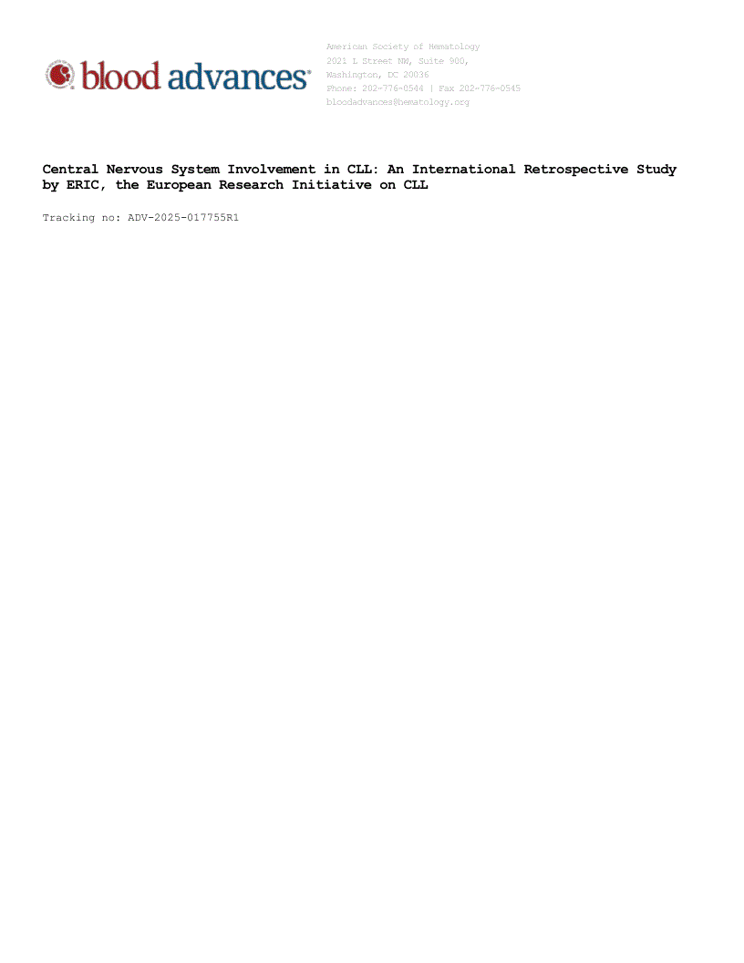 First page of Central Nervous System Involvement in CLL: An International Retrospective Study by ERIC, the European Research Initiative on CLL