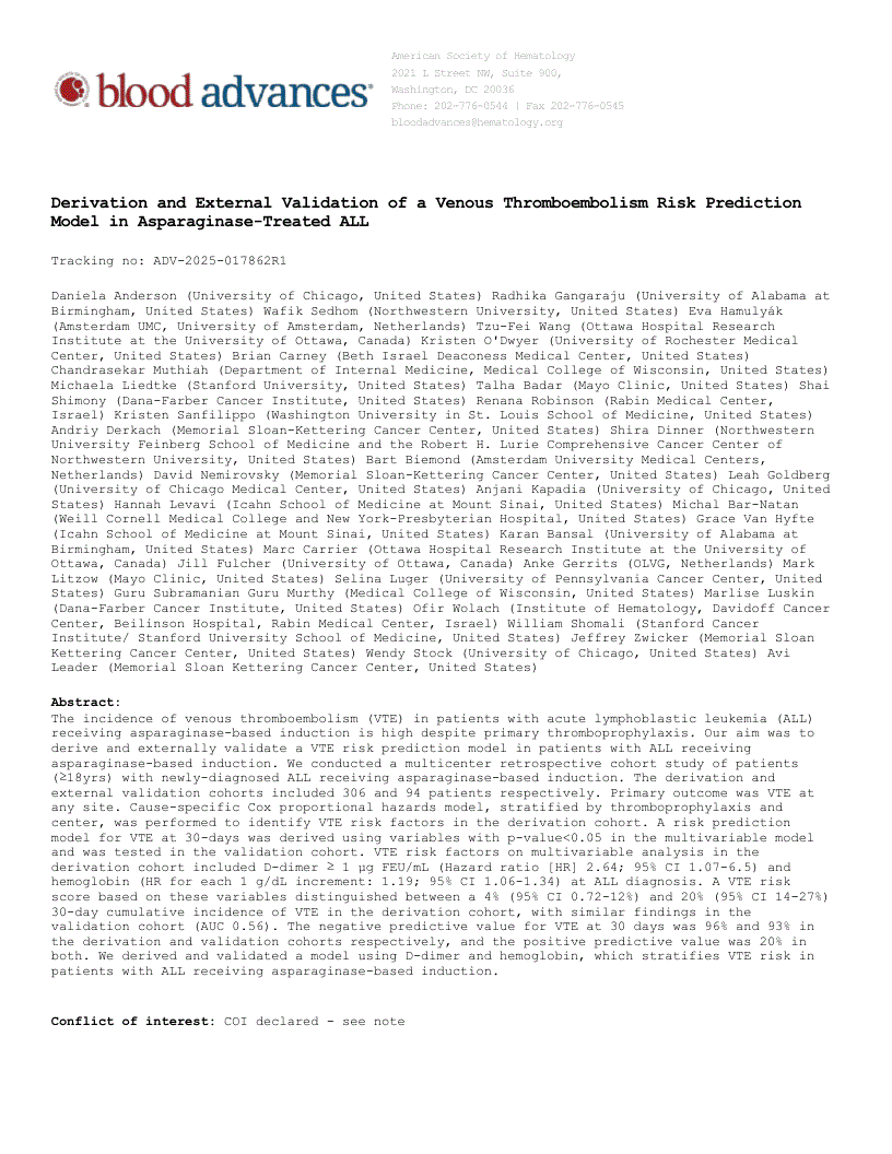 First page of Derivation and External Validation of a Venous Thromboembolism Risk Prediction Model in Asparaginase-Treated ALL
