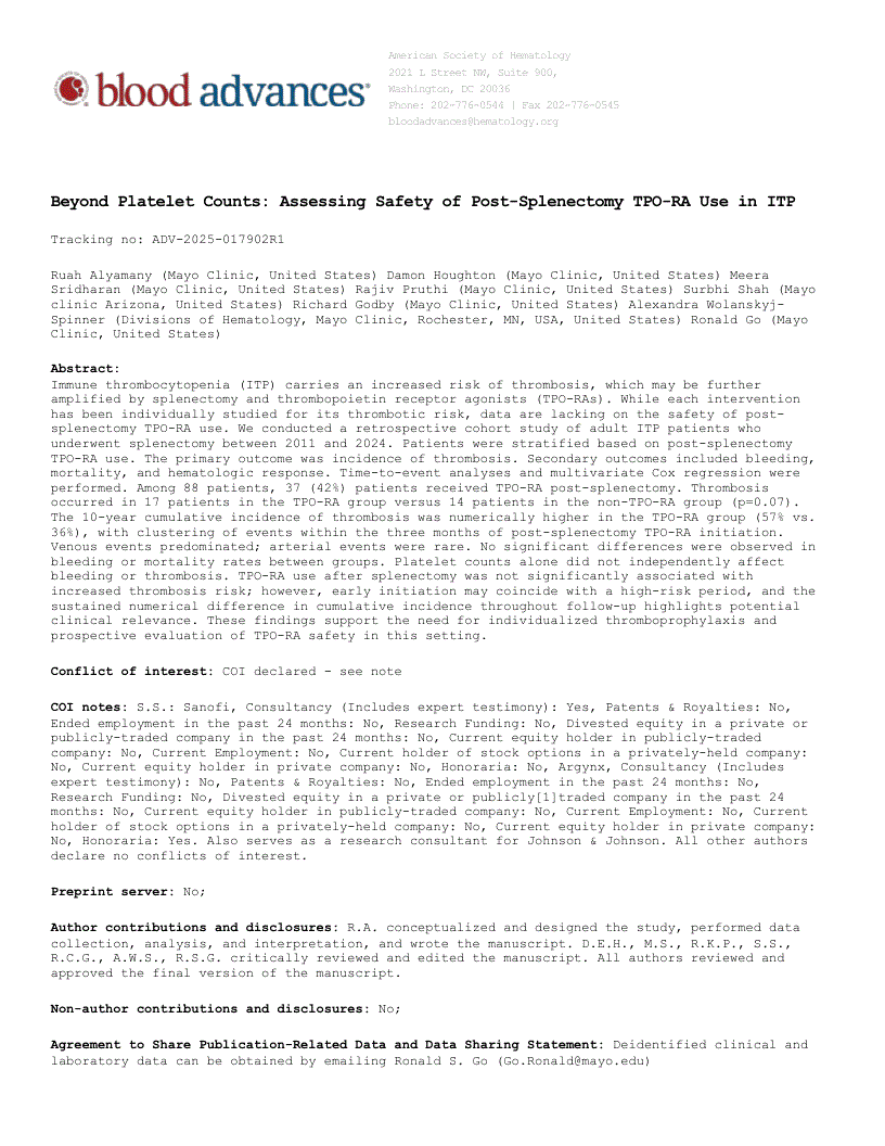 First page of Beyond Platelet Counts: Assessing Safety of Post-Splenectomy TPO-RA Use in ITP