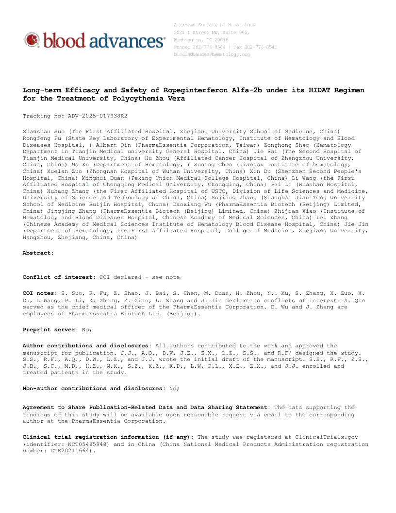 First page of Long-term Efficacy and Safety of Ropeginterferon Alfa-2b under its HIDAT Regimen for the Treatment of Polycythemia Vera
