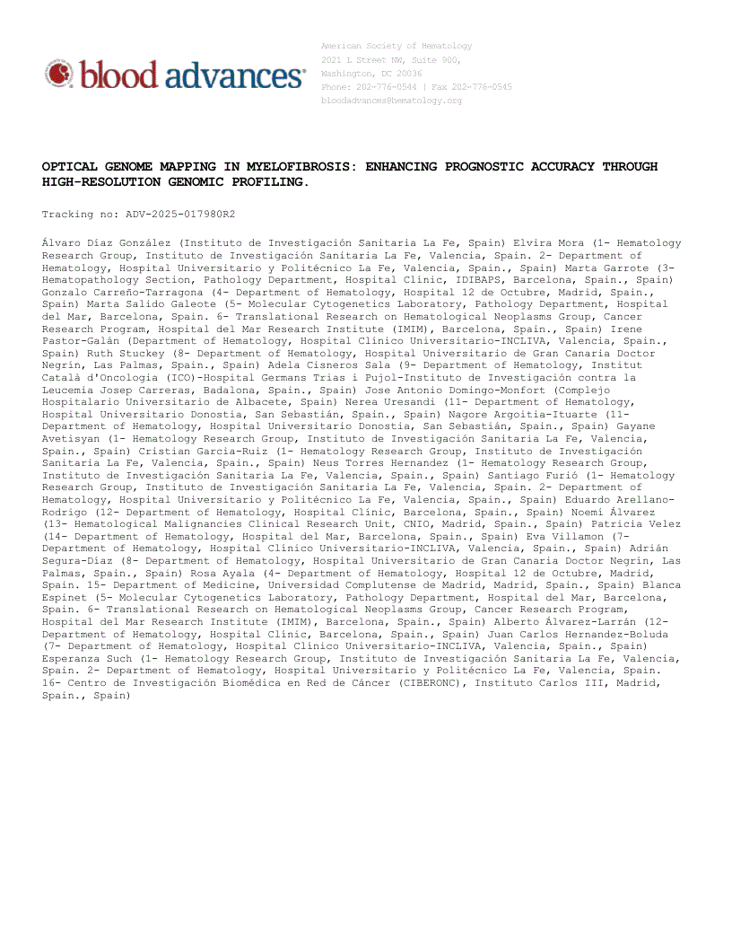 First page of OPTICAL GENOME MAPPING IN MYELOFIBROSIS: ENHANCING PROGNOSTIC ACCURACY THROUGH HIGH-RESOLUTION GENOMIC PROFILING.