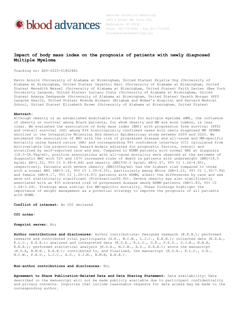 First page of Impact of body mass index on the prognosis of patients with newly diagnosed Multiple Myeloma