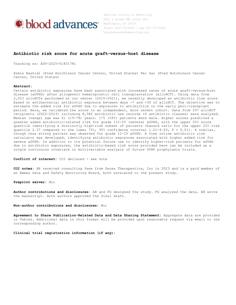 First page of Antibiotic risk score for acute graft-versus-host disease