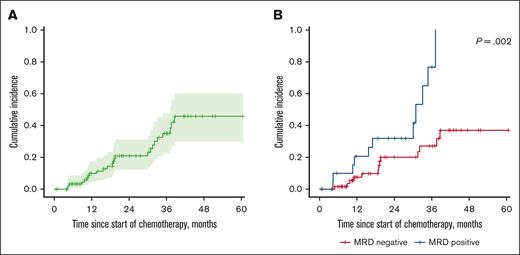 RR after treatment for ALL. (A) RR among the cohort overall. (B) RR of patients with ALL according to MRD-positive vs MRD-negative status at the EOI.