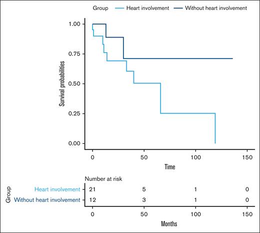 Cumulative probability of survival of patients with infiltrative cardiac involvement due to AL amyloidosis.