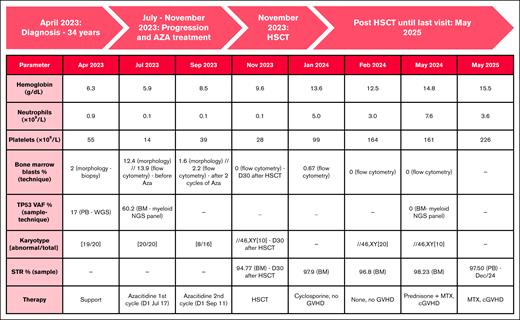 Longitudinal clinical, laboratory, cytogenetic, and therapeutic data. Trilineage hematologic recovery and full donor chimerism were achieved, with molecular response (TP53 VAF clearance), sustained remission, and complete chimerism. Two cycles of azacitidine were applied according to the service protocol, and the dose of azacitidine was 75 mg/m2 per day for 7 days. For each cycle, the whole dose is calculated in milligrams and divided along the week to receive 1 or 2 complete vials per day.12 The second cycle was postponed due to serious infectious complications (cellulitis). AZA, azacitidine; cGVHD, chronic graft-versus-host disease; MTX, methotrexate; PB, peripheral blood; STR, short tandem.