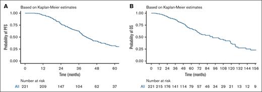 PFS and OS for the entire cohort. (A) PFS, with a median follow-up of 48 months (range, 6-201). The median PFS was 41.1 months (95% CI, 37.9-47.2). (B) OS; the median OS was 92 months (95% CI, 72-119). The number at risk is shown below each plot.