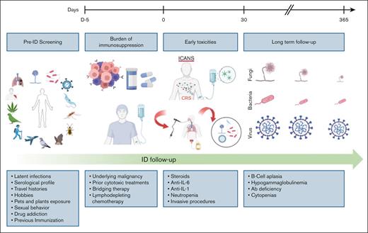 Infection disease screening and follow-up in CAR-T therapy recipients. Journey of a patient undergoing cell therapy with CAR-Ts, with emphasis on the need for preinfusion screening, considering endemic diseases, and previous exposure. After lymphodepletion (day –5 to day –3) and infusion (day 0), the patient goes through all the expected stages of therapy with damage to the immune system and greater susceptibility to infectious agents, requiring long-term follow-up. Anti–IL-6, anti–interleukin-6; D-5, day –5; ID, infectious disease. Figure created with BioRender.com.