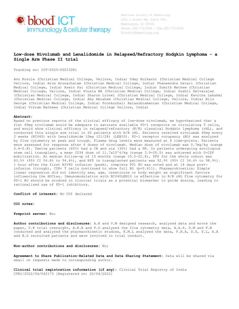 First page of Low-dose Nivolumab and Lenalidomide in Relapsed/Refractory Hodgkin Lymphoma - A Single Arm Phase II Trial
