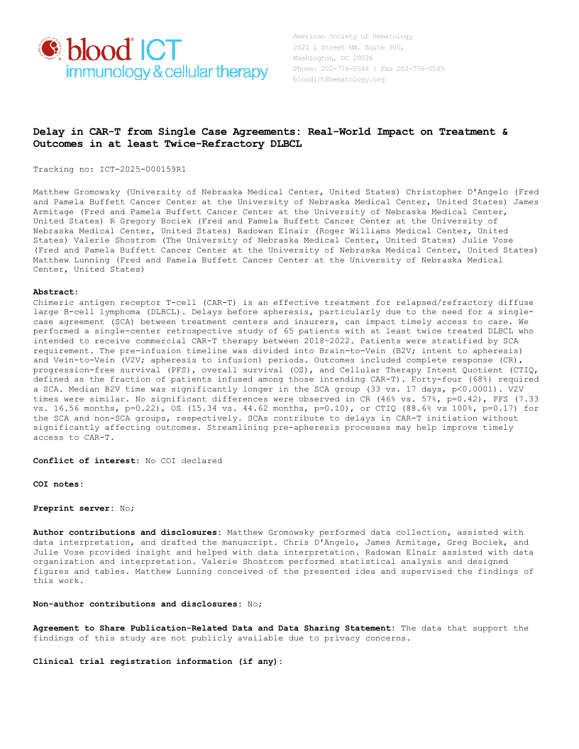 First page of Delay in CAR-T from Single Case Agreements: Real-World Impact on Treatment & Outcomes in at least Twice-Refractory DLBCL