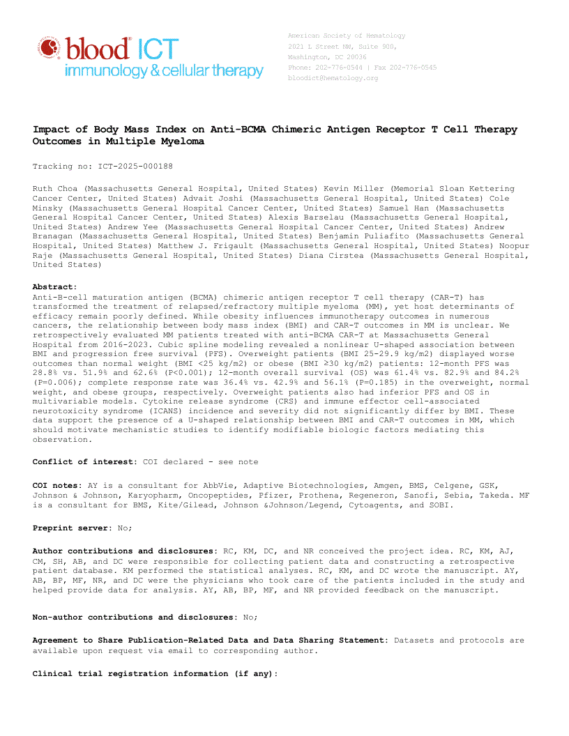 First page of Impact of Body Mass Index on Anti-BCMA Chimeric Antigen Receptor T Cell Therapy Outcomes in Multiple Myeloma