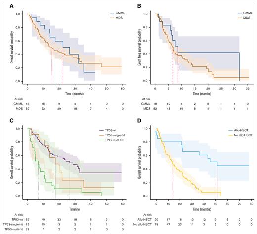 Time-to-event analyses. (A) OS in CMML and MDS. (B) Event-free survival by diagnosis. (C) OS by TP53 status. (D) Landmark analysis at median time to transplant for patients who underwent allo-HSCT.